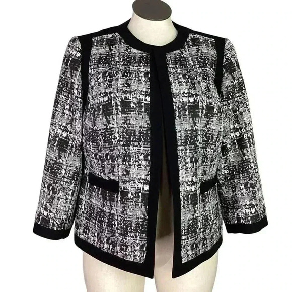Kasper Women 14W Open Front Jacket Blazer Black Gray Geometric 3/4 Sleeves - Picture 1 of 6